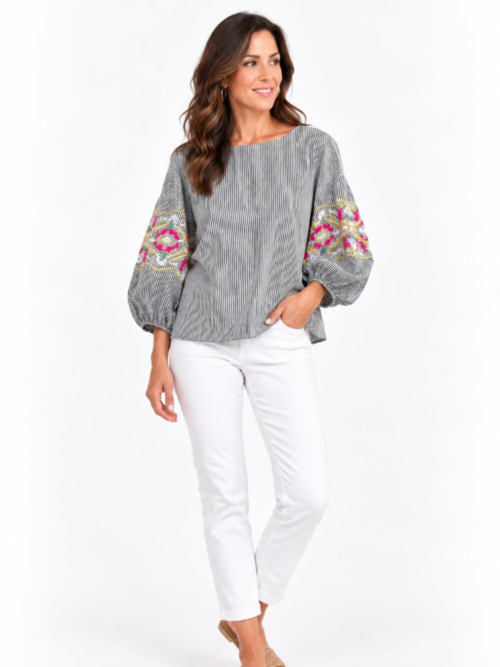 Laundry by Shelli Segal Womens L Striped Embroidered Balloon Sleeve Blouse